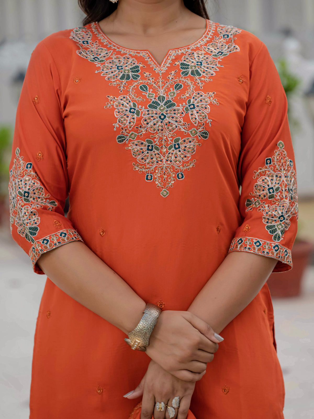 Luxury Orange Premium Roman Silk Suit Set