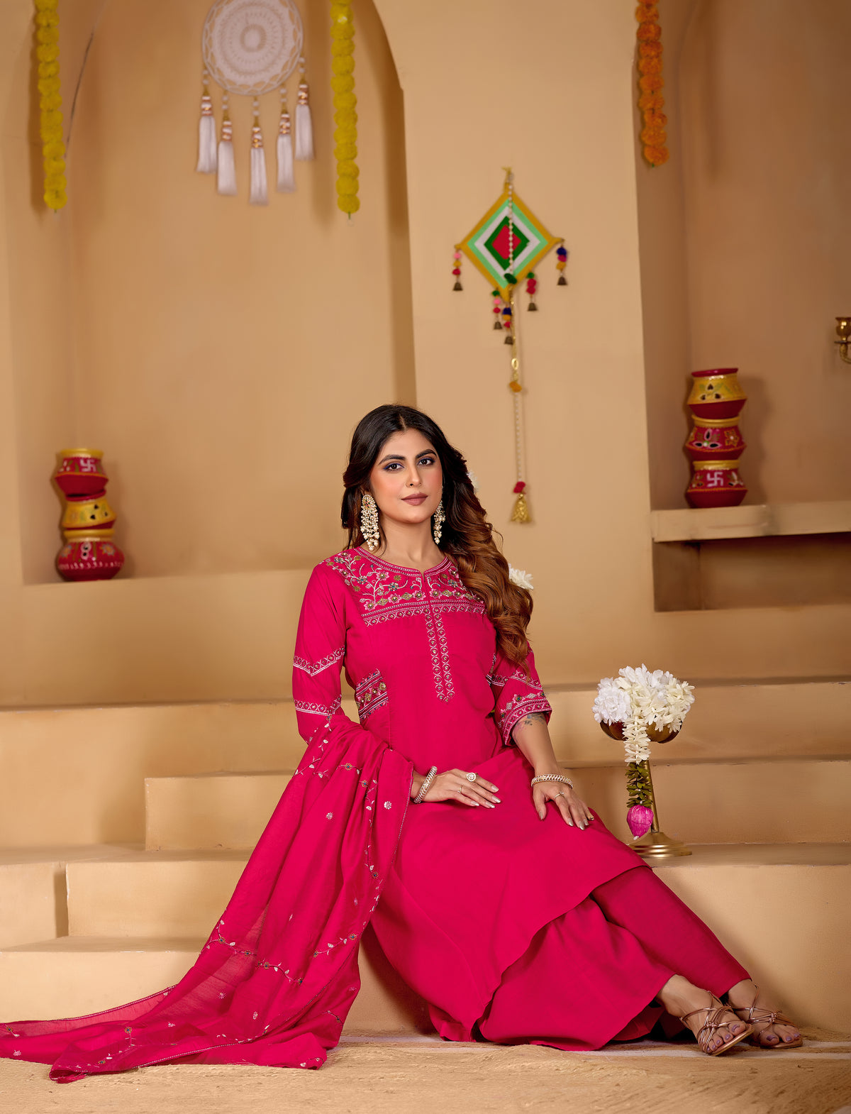 Rani Pink Viscose Mango Silk Anarkali Kurti Set