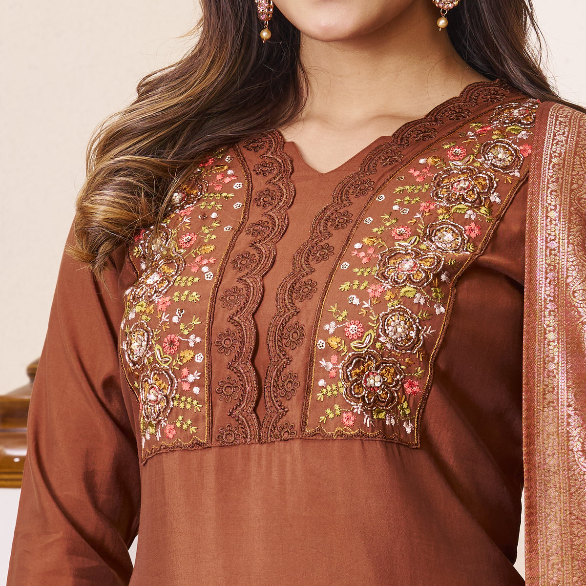 Coffee Brown Roman Silk Embroidered Kurti Pant Dupatta Set