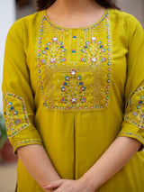 Yellow Viscose Mango Silk Embroidered Kurti Set