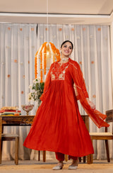 Orange Chanderi Silk Embroidered Suit Set
