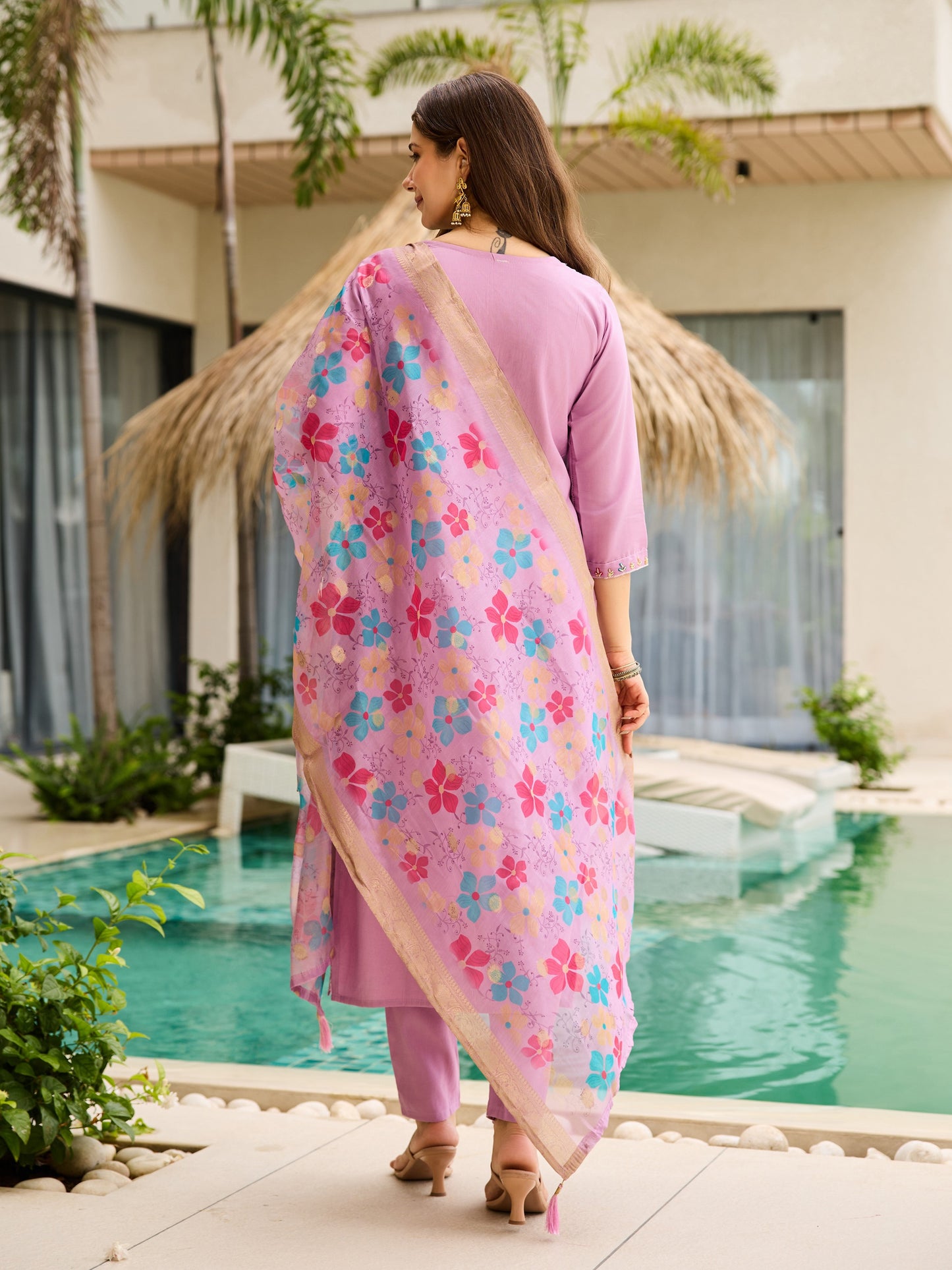 Baby Pink Viscose Gadhwal Embroidered Kurta Pant Dupatta Set