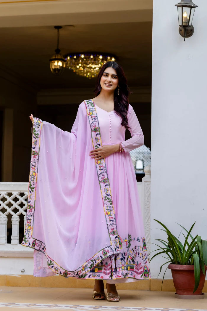 Blush Petal Embroidered Faux Georgette Anarkali Set