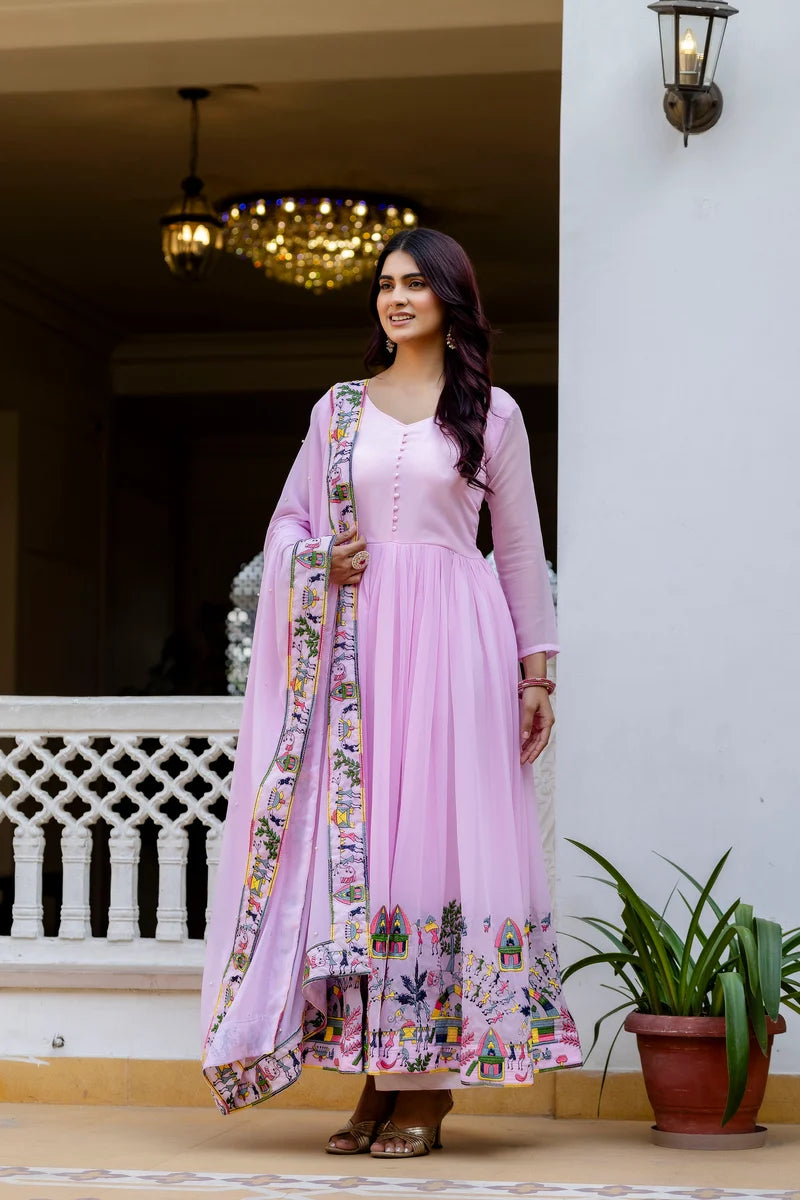 Blush Petal Embroidered Faux Georgette Anarkali Set