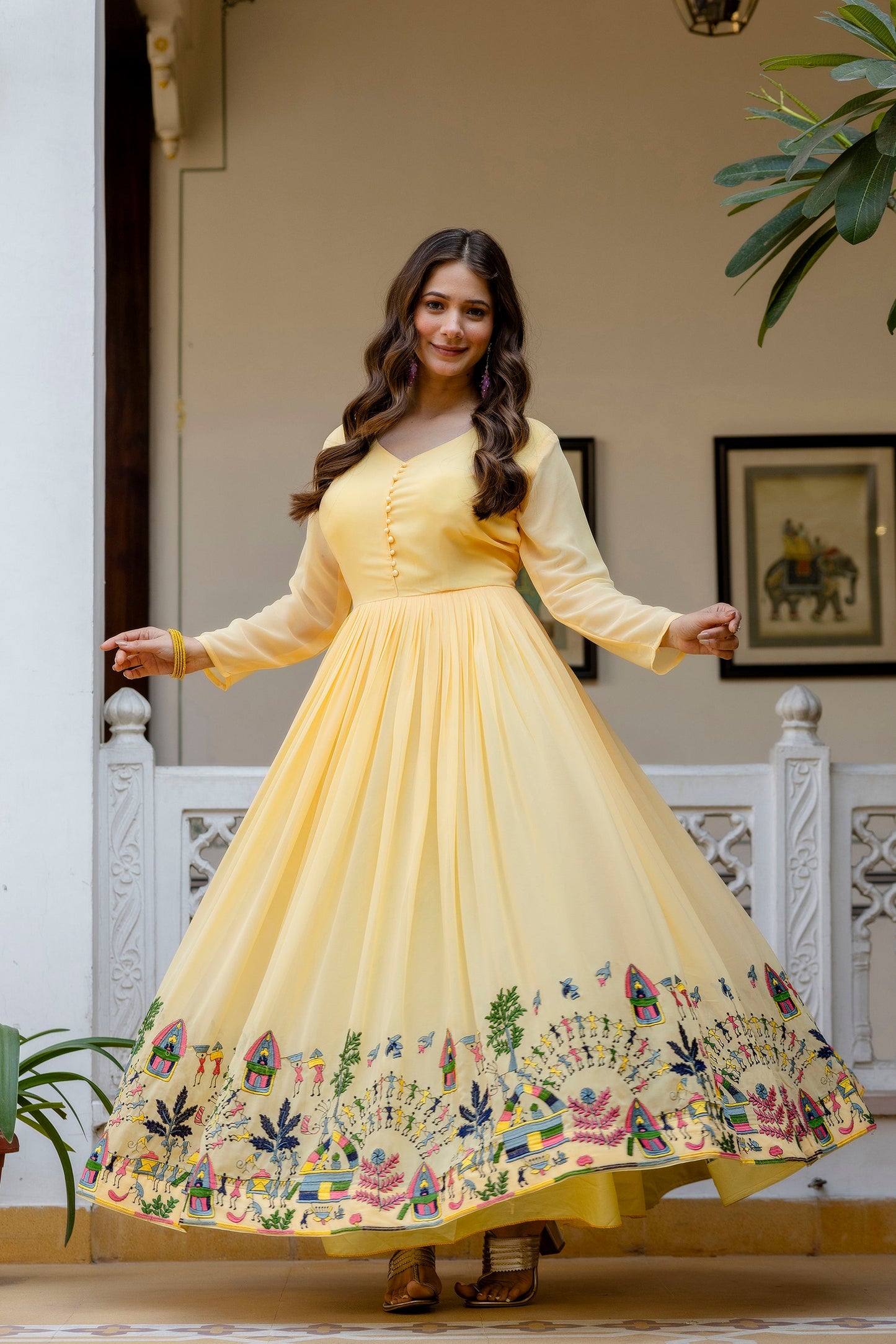Sunlit Marigold Embroidered Faux Georgette Anarkali Set