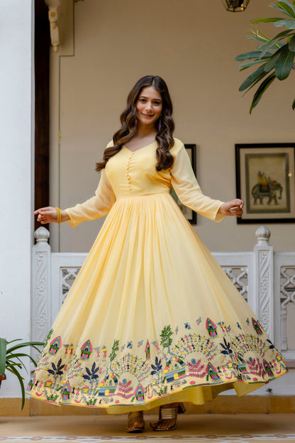 Sunlit Marigold Embroidered Faux Georgette Anarkali Set