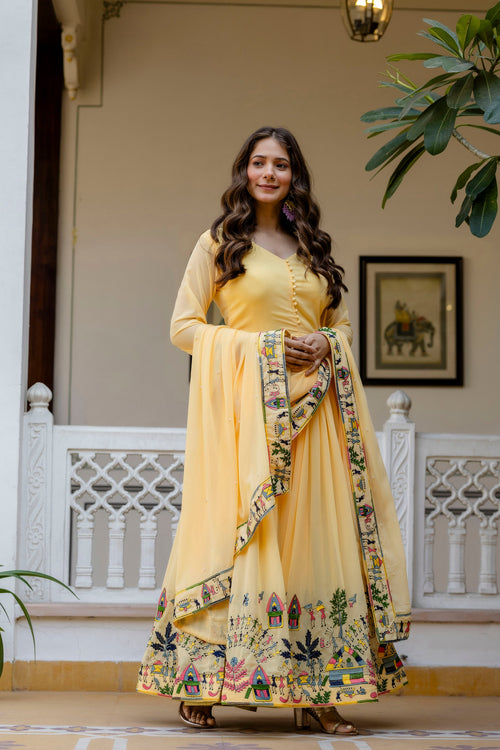 Sunlit Marigold Embroidered Faux Georgette Anarkali Set