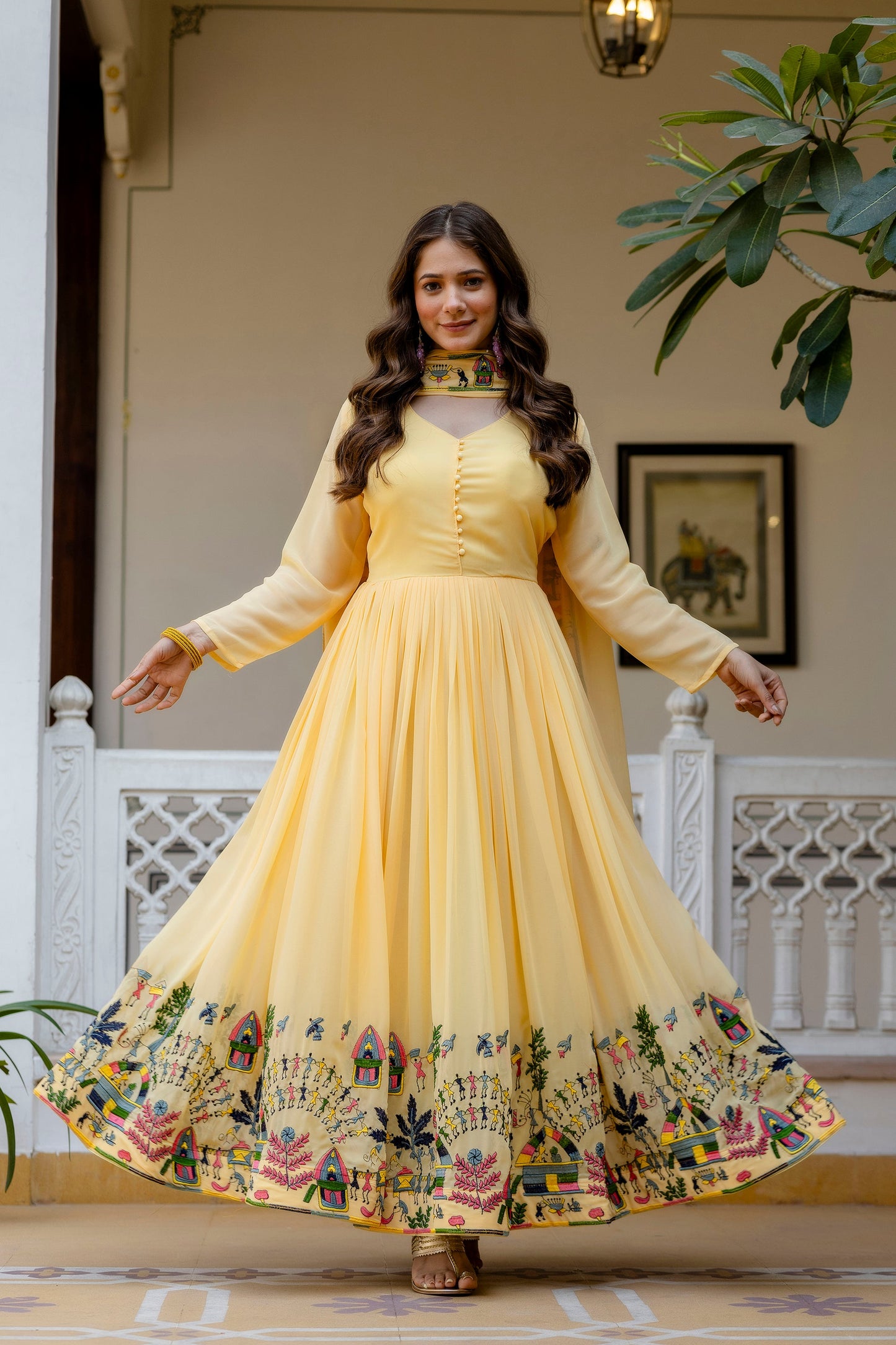 Sunlit Marigold Embroidered Faux Georgette Anarkali Set