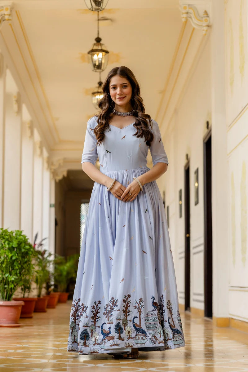 Sky Celeste Chinon Embroidered Suit Set