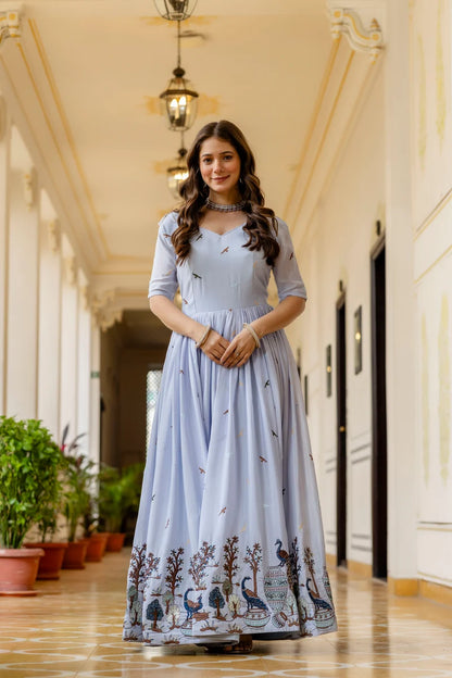 Sky Celeste Chinon Embroidered Suit Set