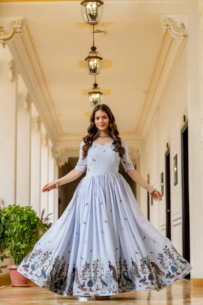 Sky Celeste Chinon Embroidered Suit Set