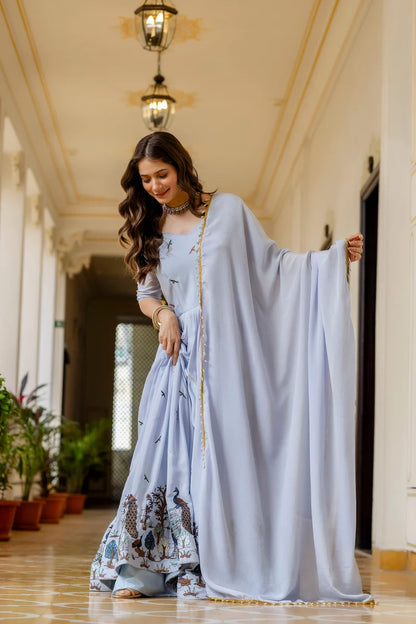 Sky Celeste Chinon Embroidered Suit Set