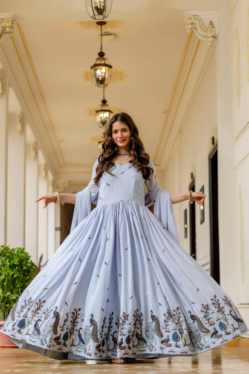 Sky Celeste Chinon Embroidered Suit Set