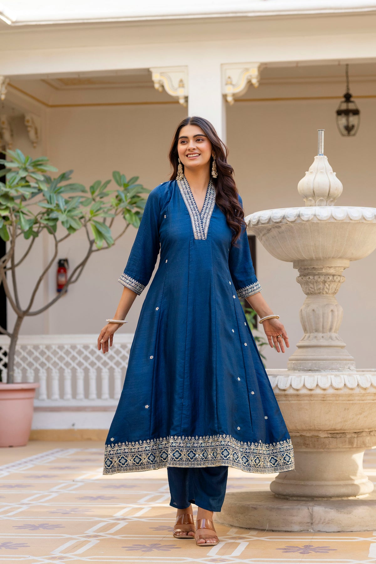Navy Blue Vichitra Silk Embroidered Anarkali Suit Set