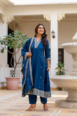 Navy Blue Vichitra Silk Embroidered Anarkali Suit Set