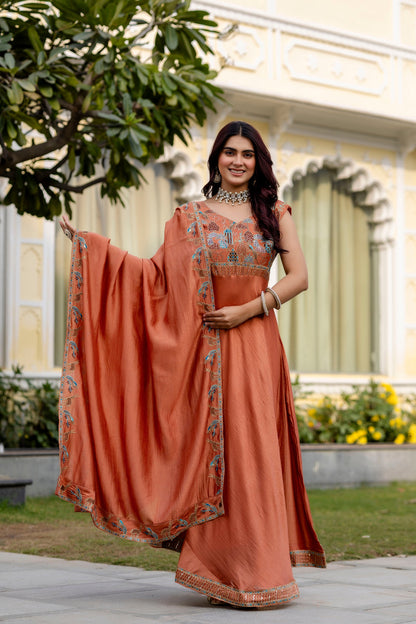 Rust Ember Vichitra Silk Embroidered Anarkali Set
