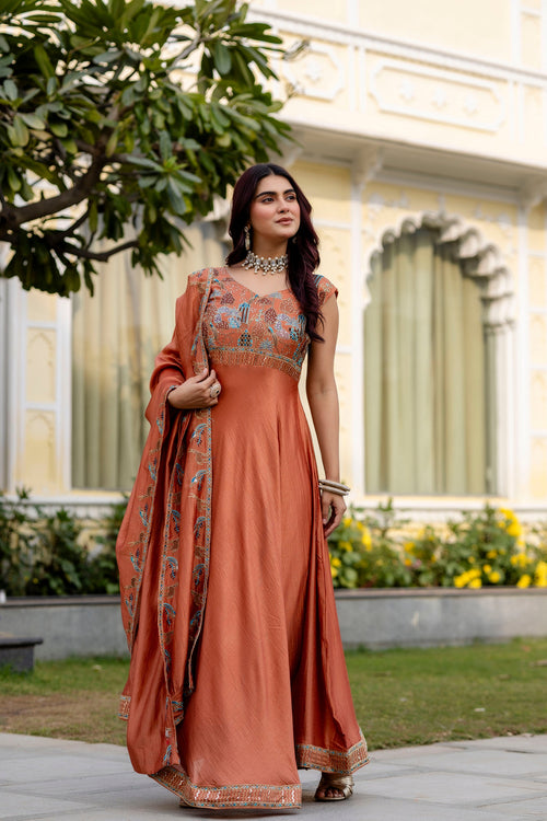 Rust Ember Vichitra Silk Embroidered Anarkali Set