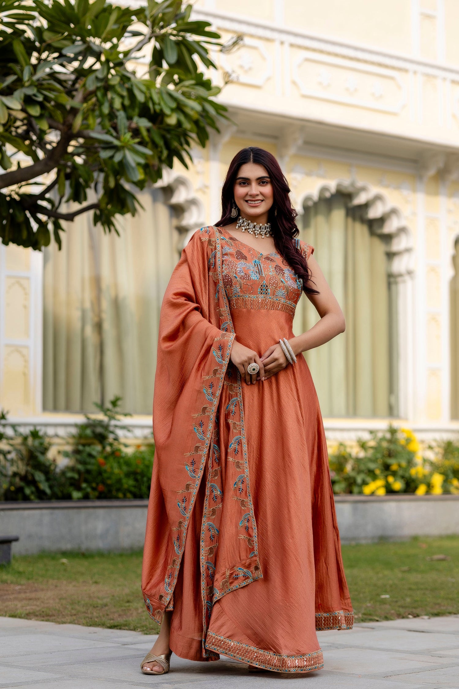 Rust Ember Vichitra Silk Embroidered Anarkali Set