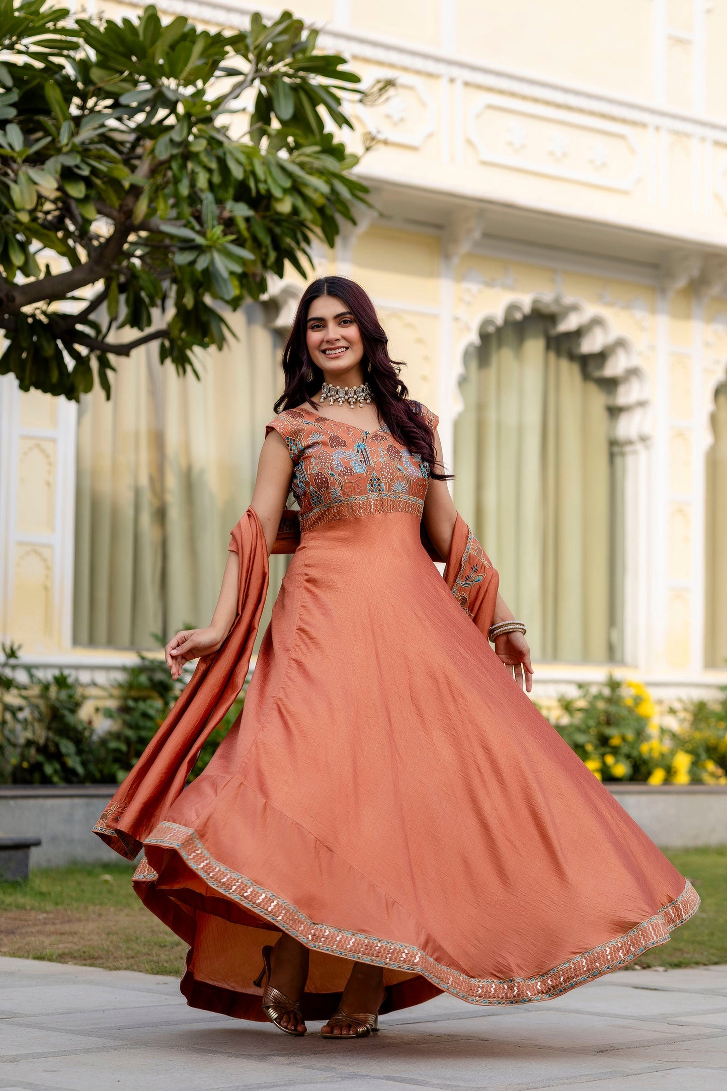 Rust Ember Vichitra Silk Embroidered Anarkali Set