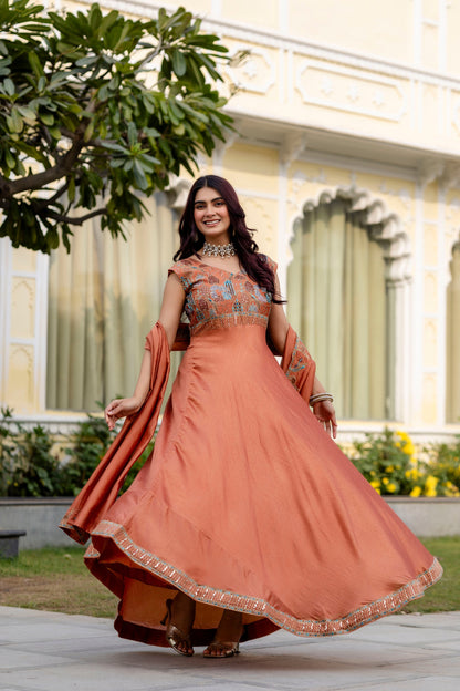 Rust Ember Vichitra Silk Embroidered Anarkali Set