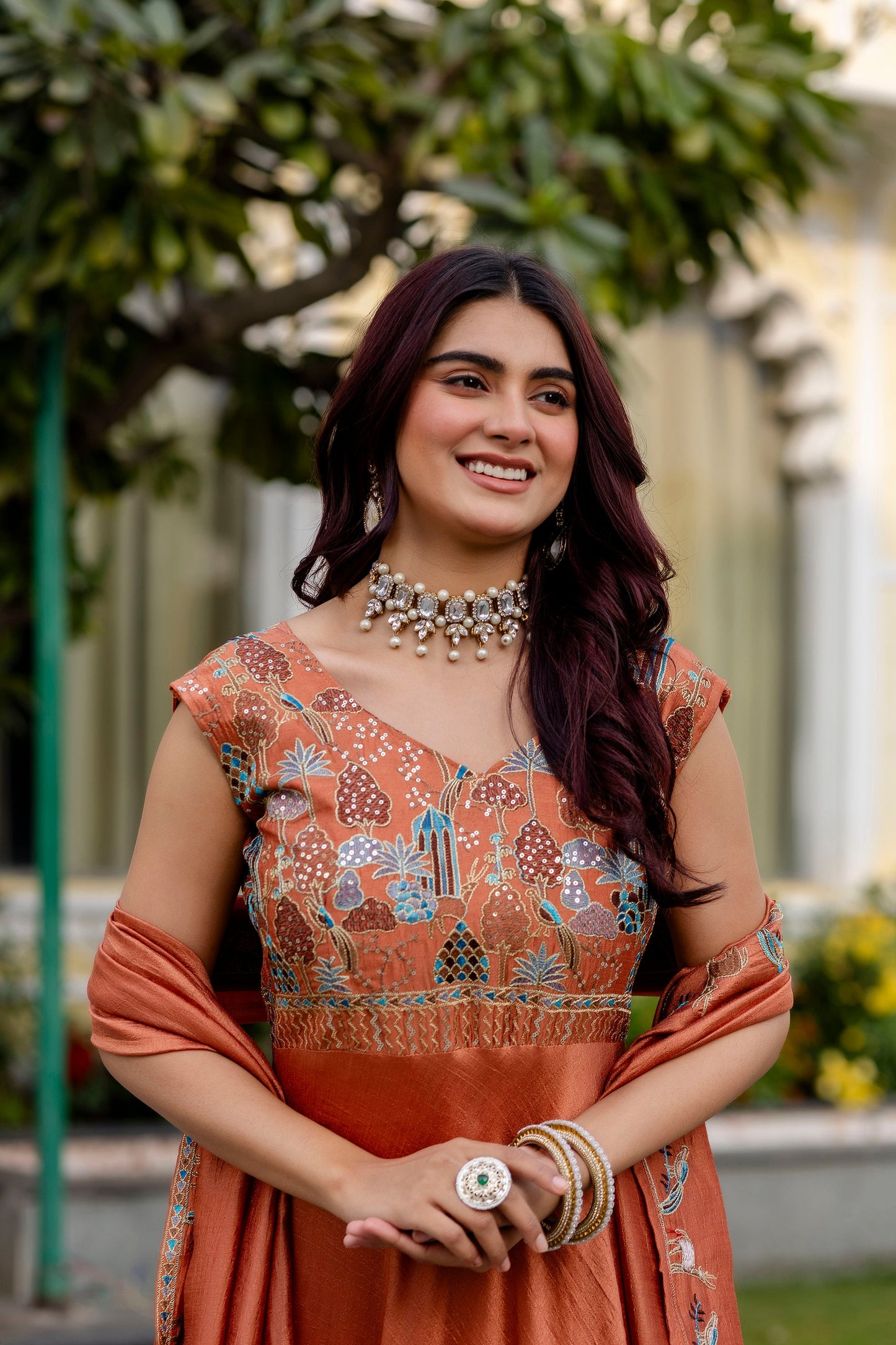 Rust Ember Vichitra Silk Embroidered Anarkali Set