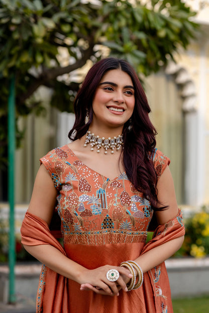 Rust Ember Vichitra Silk Embroidered Anarkali Set