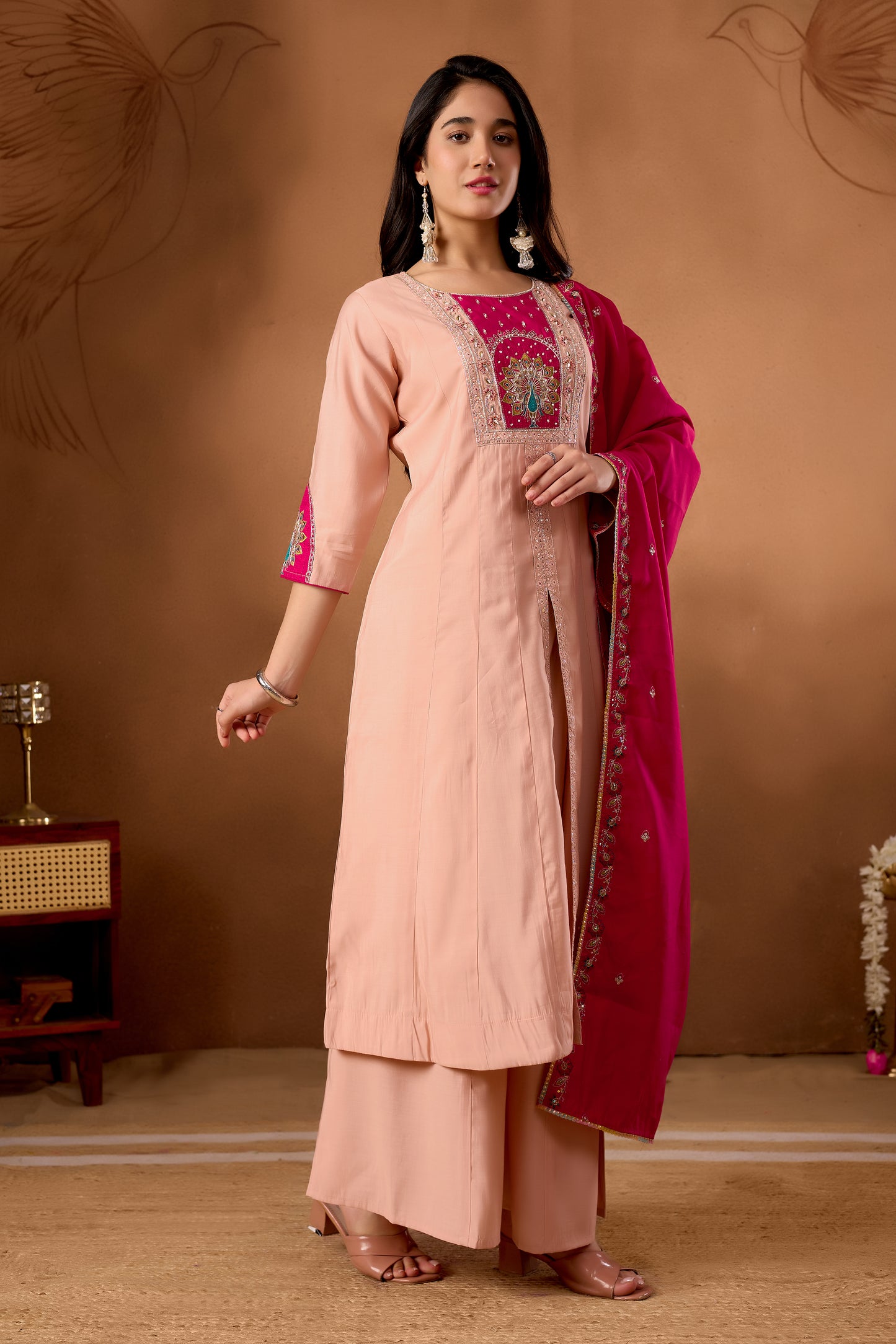 Elegant Peach Roman Silk Kurti Set