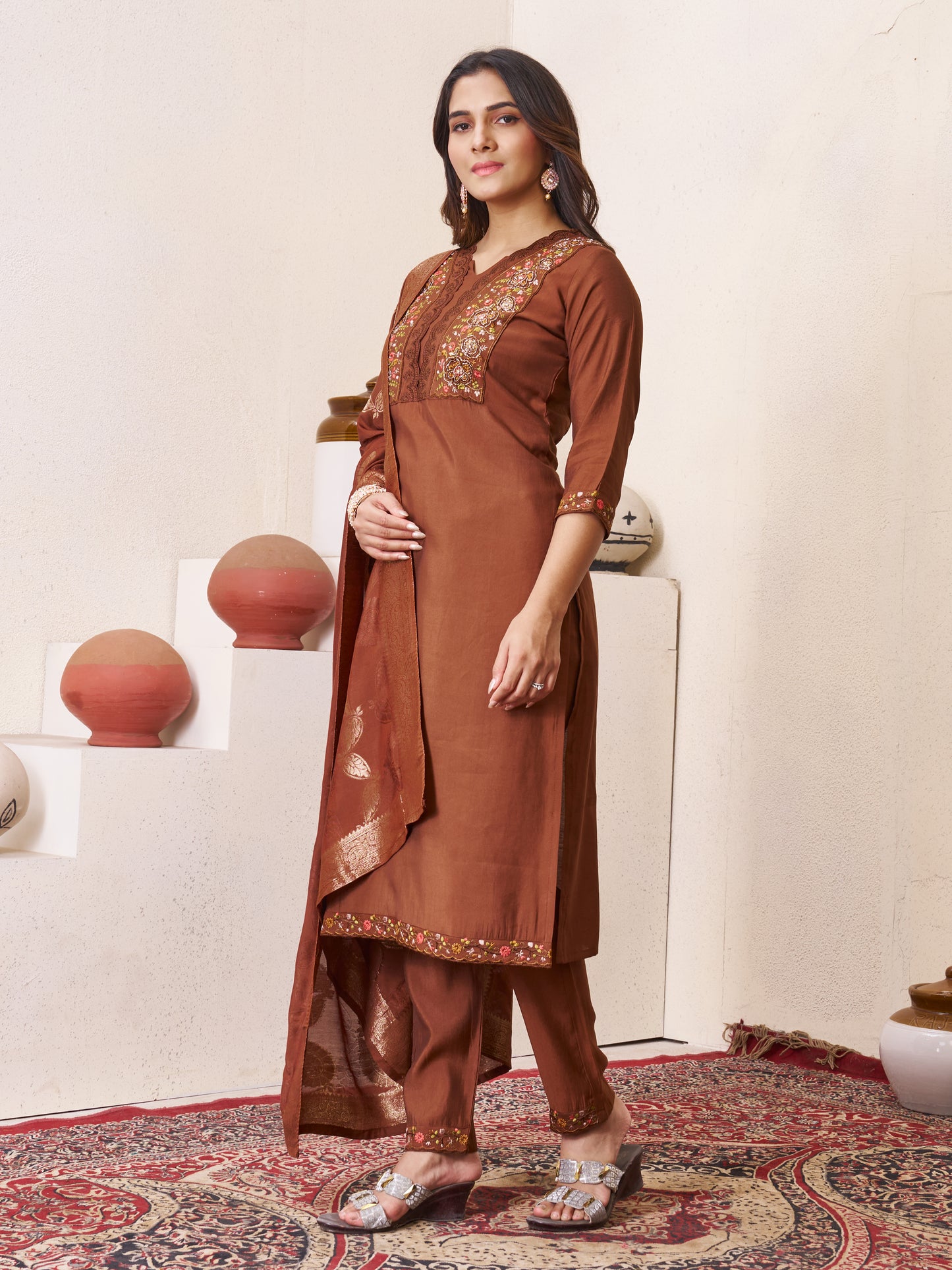 Coffee Brown Roman Silk Embroidered Kurti Pant Dupatta Set