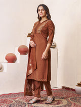 Coffee Brown Roman Silk Embroidered Kurti Pant Dupatta Set