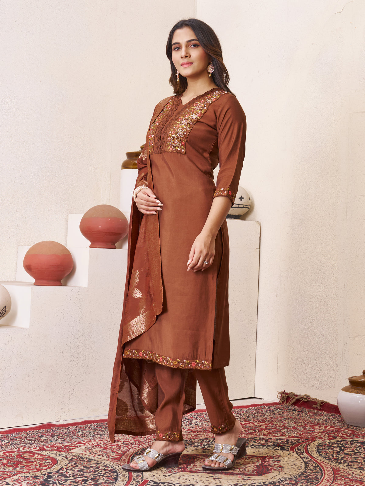 Coffee Brown Roman Silk Embroidered Kurti Pant Dupatta Set