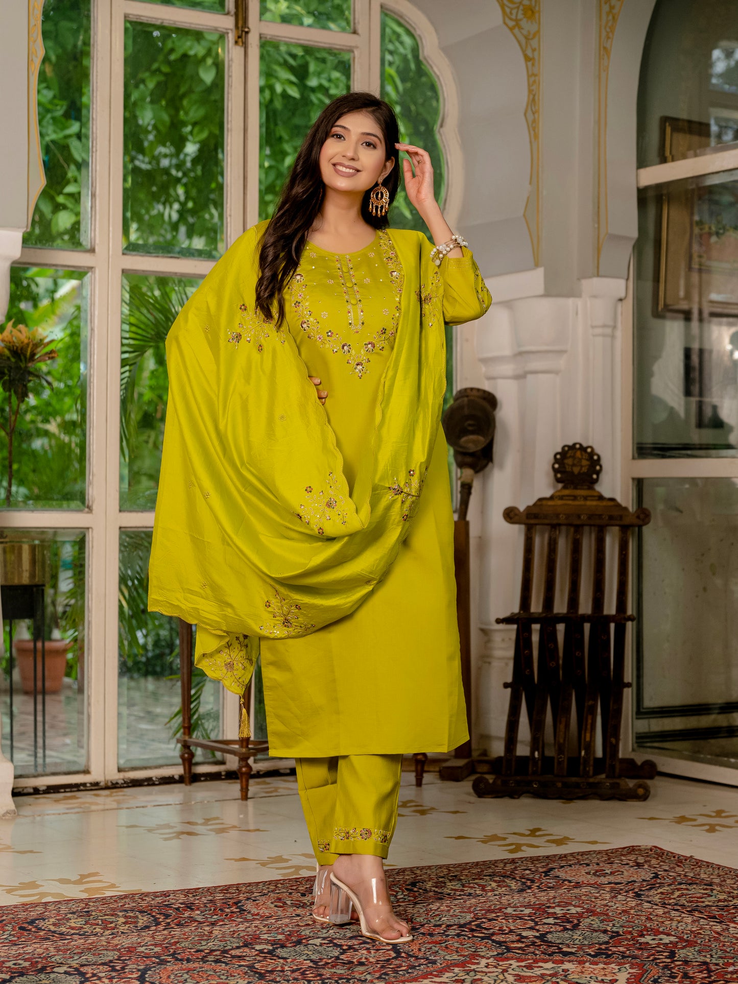 Mustard Yellow Marina Silk Multi Embroidered Suit Set