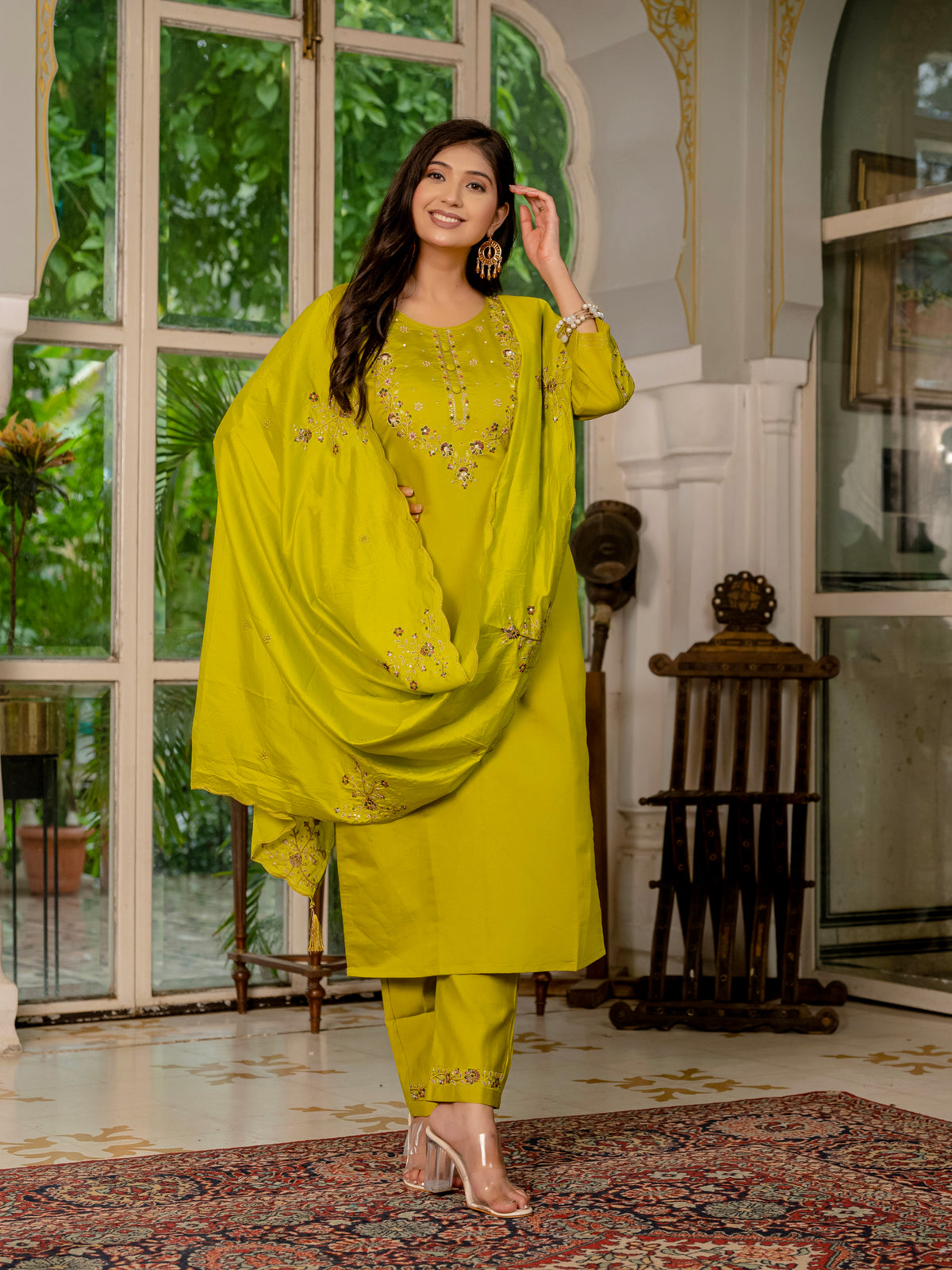 Mustard Yellow Marina Silk Multi Embroidered Suit Set