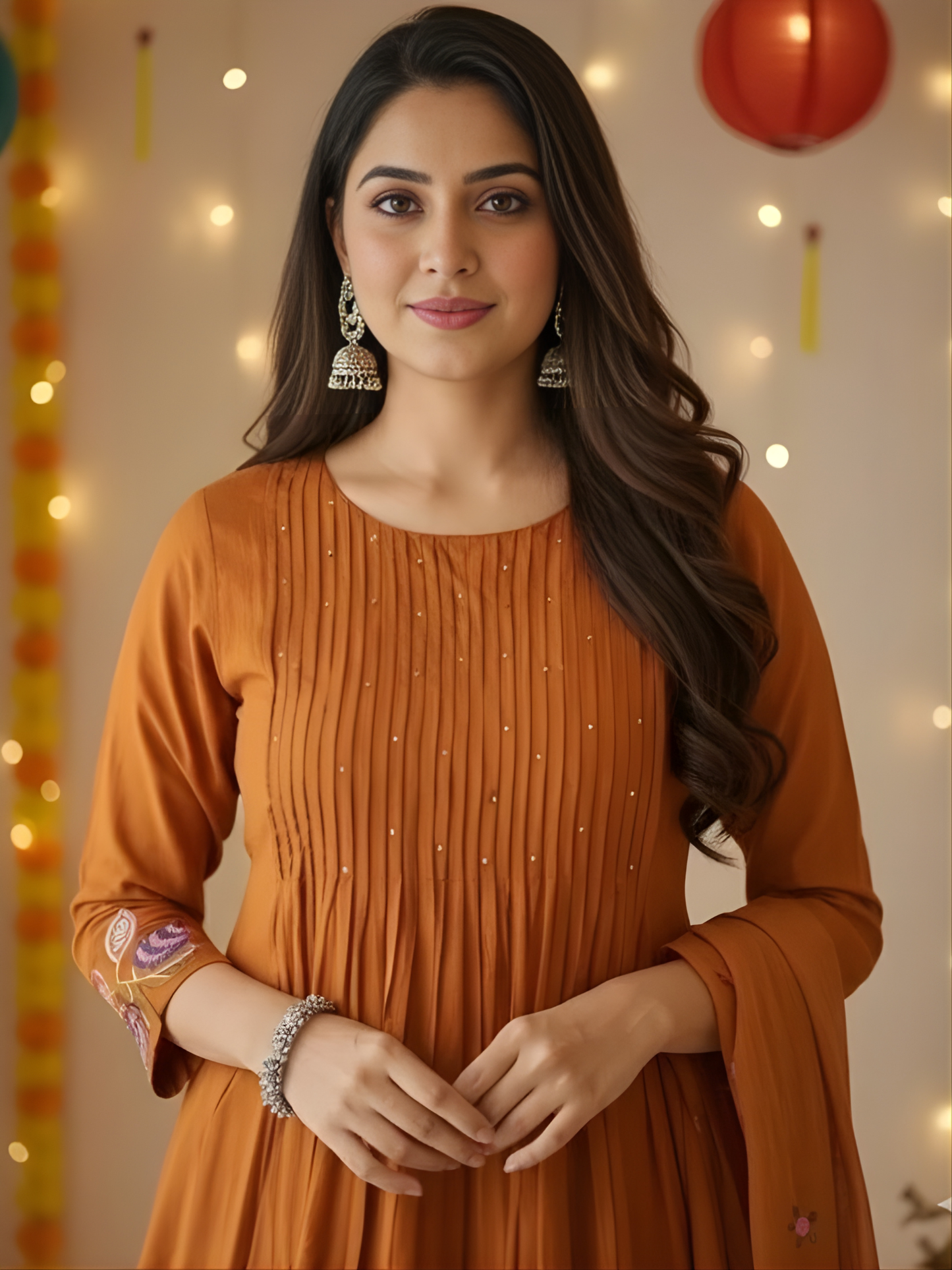 Rust Orange Anarkali Kurti Pant Dupatta Set