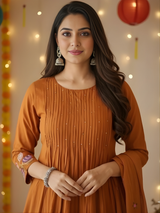 Rust Orange Anarkali Kurti Pant Dupatta Set