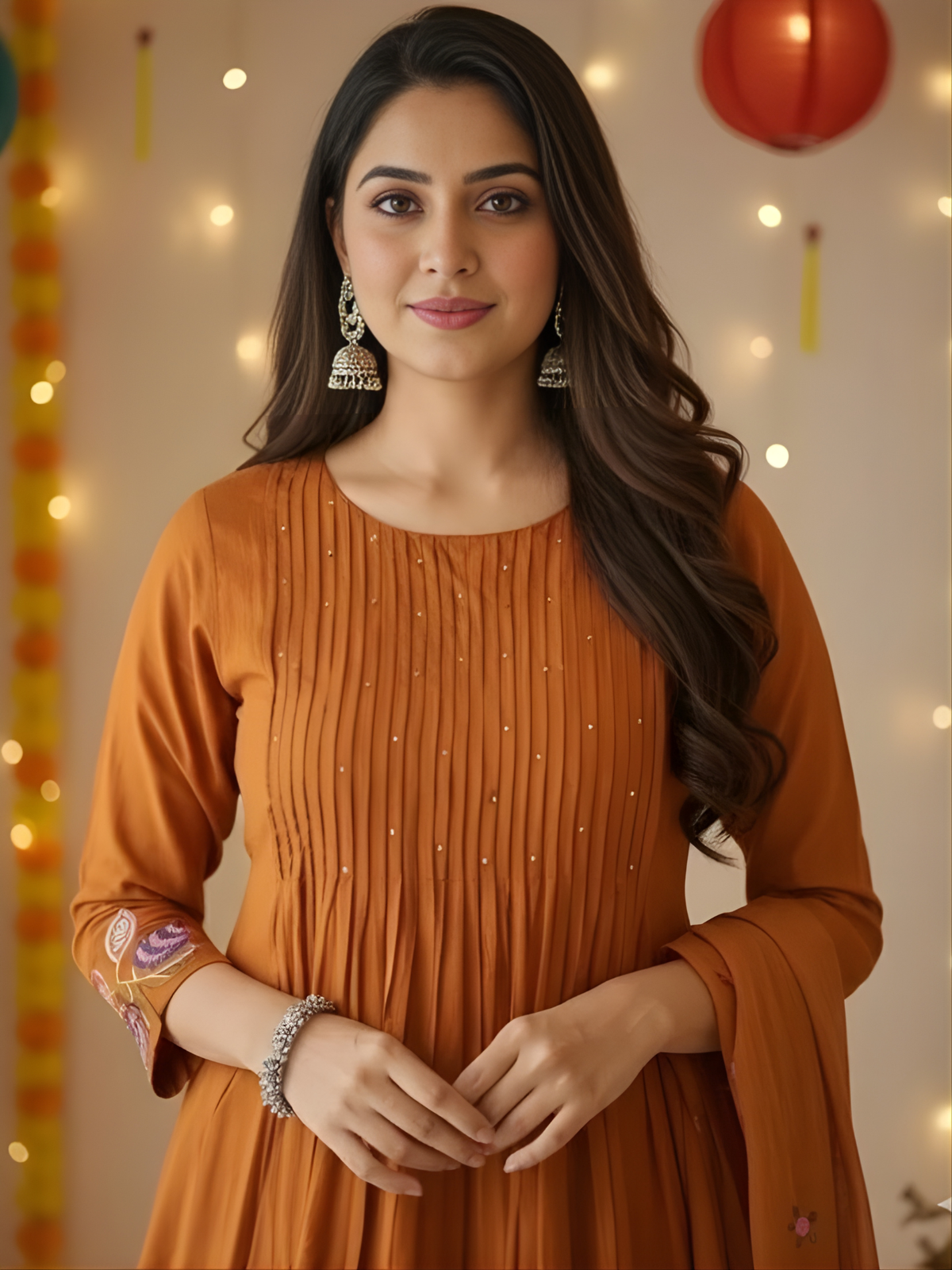 Rust Orange Anarkali Kurti Pant Dupatta Set