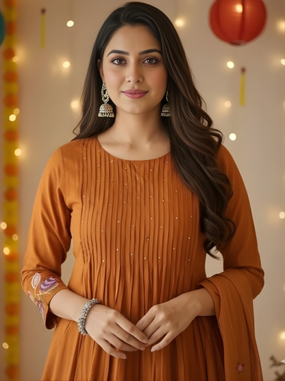 Rust Orange Anarkali Kurti Pant Dupatta Set