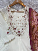 Elegant Off-White Premium Marina Silk Embroidered Kurti Pant Dupatta Set