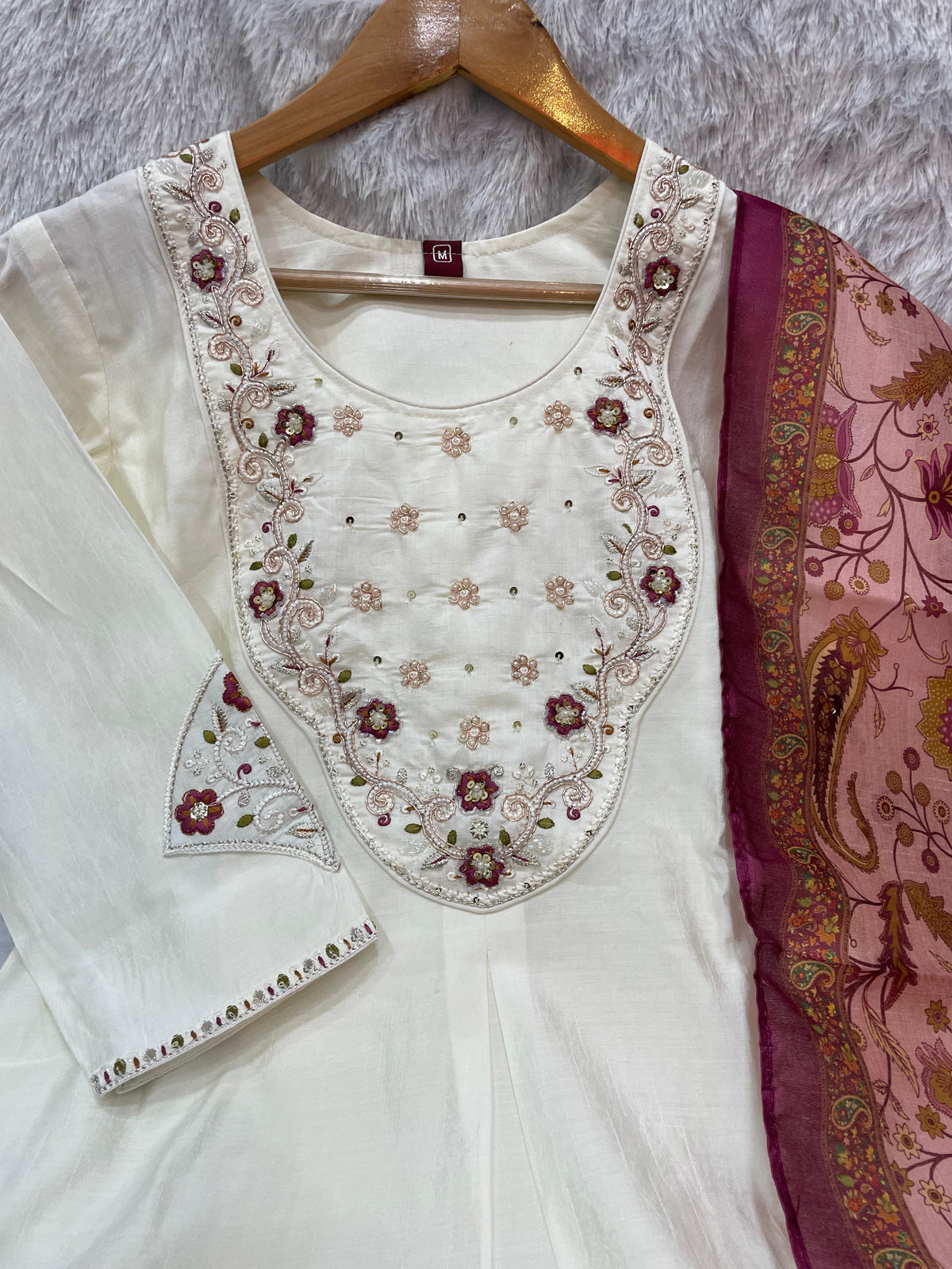 Elegant Off-White Premium Marina Silk Embroidered Kurti Pant Dupatta Set