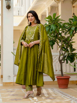 Mehndi Viscose Roman Silk Anarkali Kurti Pant Set