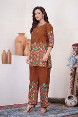 Elegant Rust Floral Printed Pure Cotton Co-Ord Set
