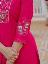 Pink Viscose Mango Silk Embroidered Kurti Set