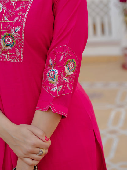 Pink Viscose Mango Silk Embroidered Kurti Set