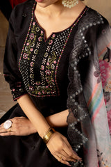 Black Roman Silk Multi Embroidered Suit Set
