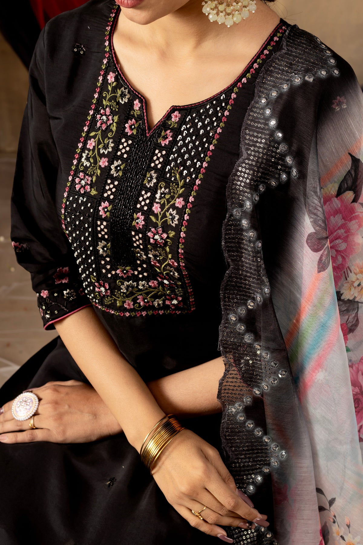 Black Roman Silk Multi Embroidered Suit Set