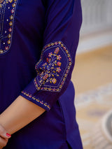 Violet Viscose Mango Silk Embroidered Kurti Set