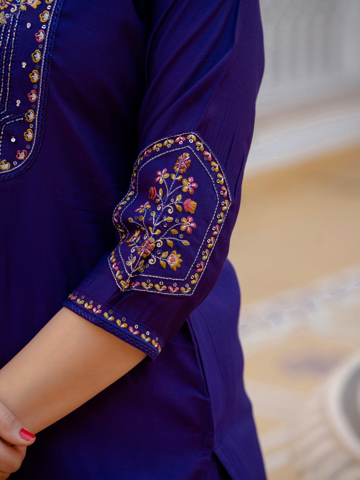 Violet Viscose Mango Silk Embroidered Kurti Set