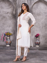 Off White Roman Silk Embroidered Kurti Pant Dupatta Set