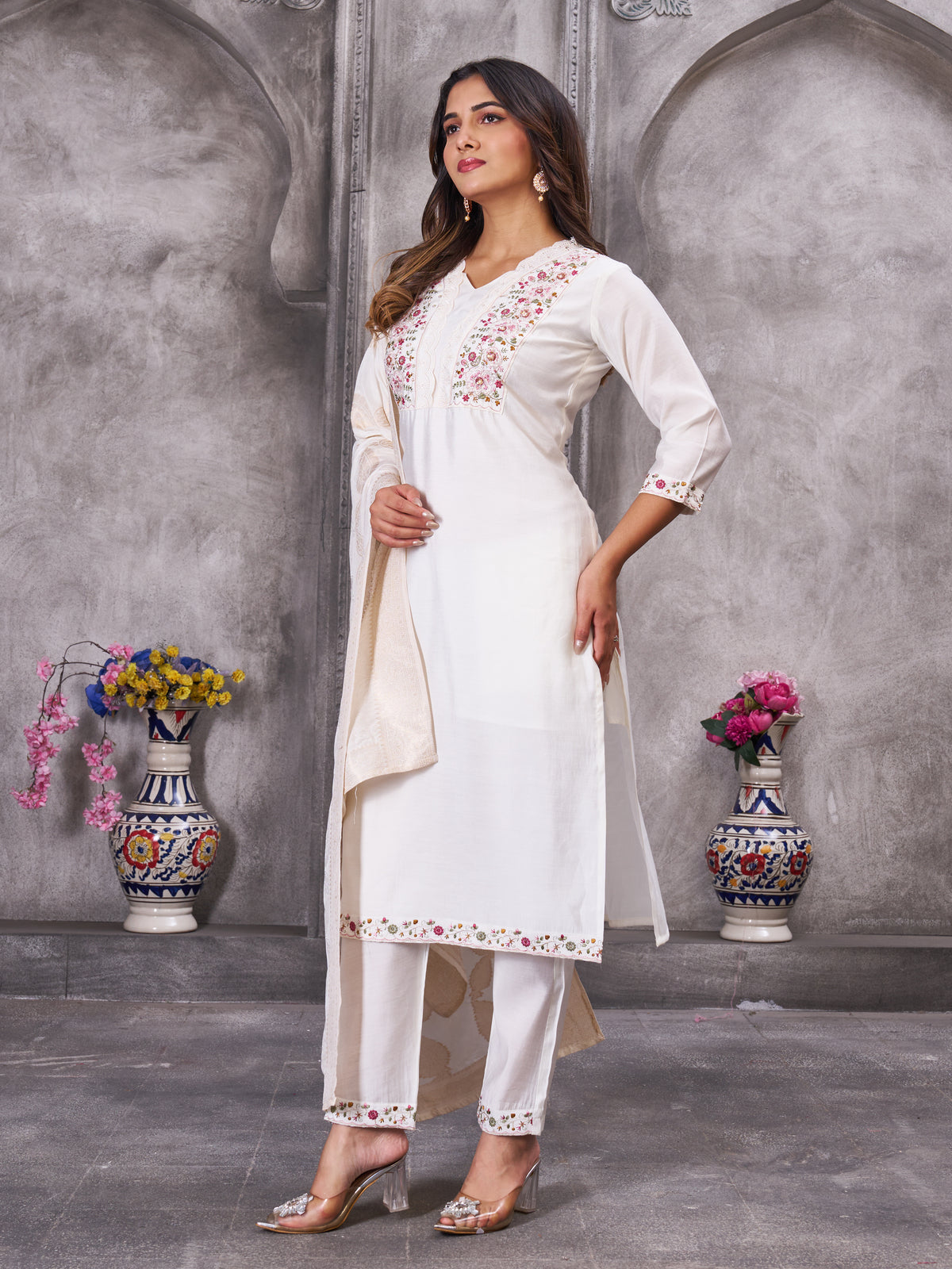 Off White Roman Silk Embroidered Kurti Pant Dupatta Set