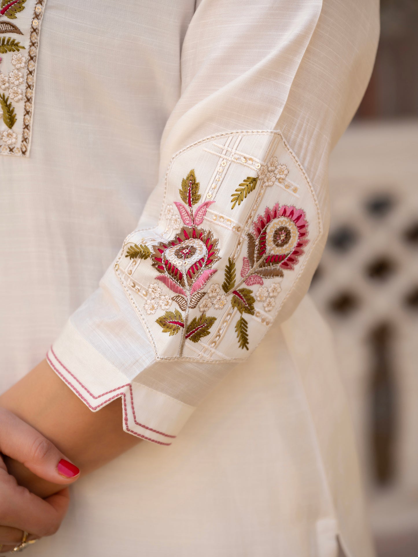 White Viscose Mango Silk Embroidered Kurti Set