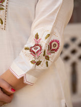 White Viscose Mango Silk Embroidered Kurti Set